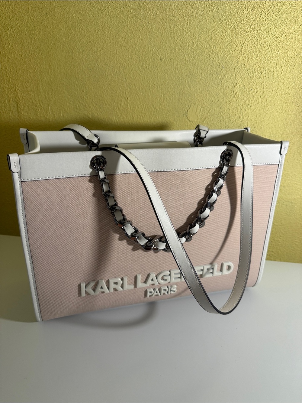Karl Lagerfeld Light Pink and White Chain-Handle Tote with dust bag